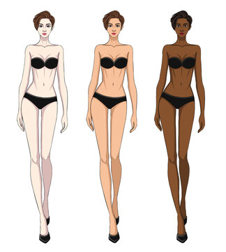 Colored skin tones fashion croquis figurines walking female body with voluminous side swept pixie with long side bangs hair.