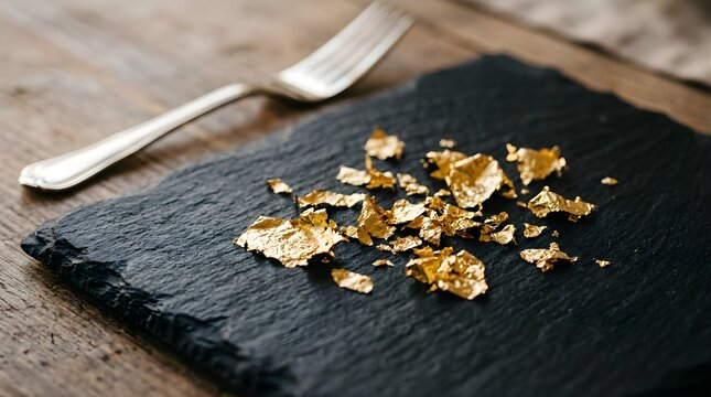 Edible gold leaf flakes served on a black stone slate plate with a fork