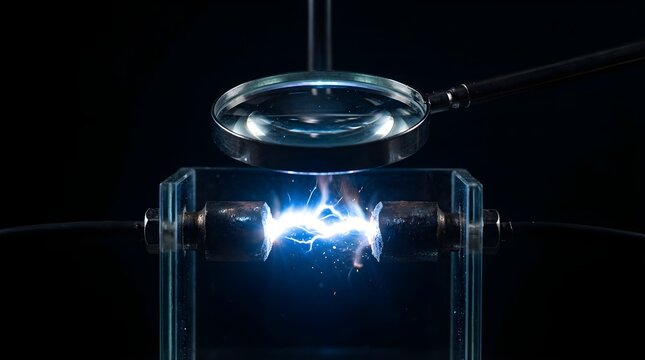 Electric arc jumping between metal electrodes under a magnifying glass