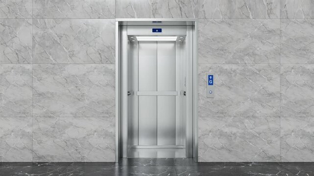 Elevator Doors Opening and Closing. Modern Metal Elevator Lift. Seamless Loop Video. 4K 3D Video Animation