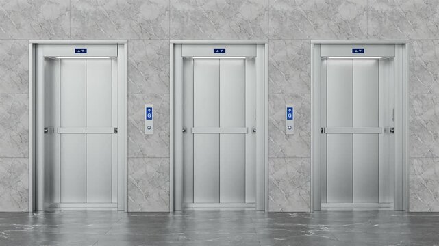 Three Modern Elevators Doors Opening and Closing Seamless Loop. Metal Elevator, Lift Doors Opening. 4K 3D Video Animation