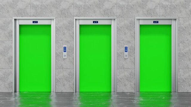 Three Modern Elevators Doors Opening and Closing Green Screen. Seamless Loop for Transition and Chroma Key Use. 4K 3D Video Animation