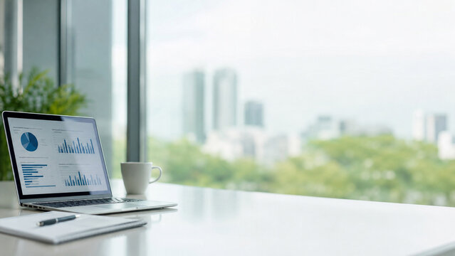 KPI dashboard laptop in bright modern conference room