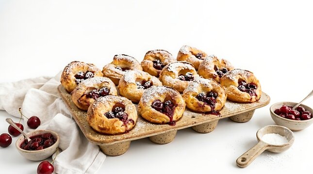 Freshly baked cherry popovers golden brown in white ceramic tray with cinnamon and berries