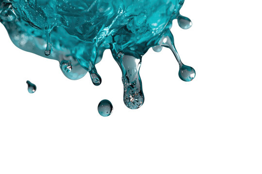 Turquoise blue water splash edge with several large hanging droplets