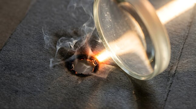 Magnifying glass focusing sunlight to burn a hole in dark grey paper