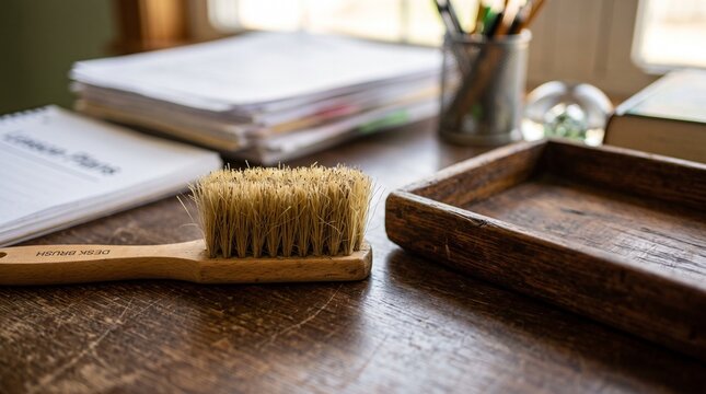 Vintage Desk Brush and Wooden Tray on a Rustic Wooden Table with Papers and Pencils