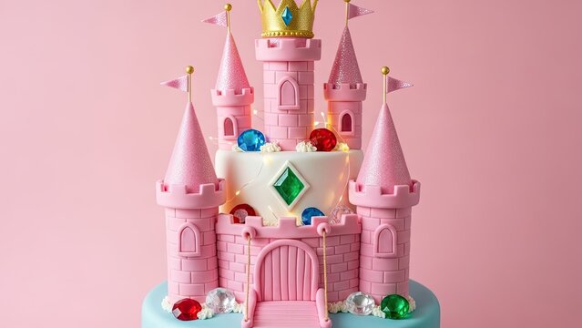 Pink and blue fondant cake shaped like a fairytale castle, decorated with jewels and a gold crown