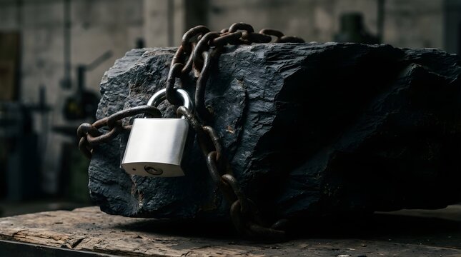 Silver padlock and heavy metal chain wrapped around a large black stone