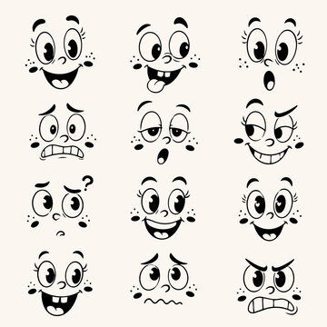 様々な表情をしたレトロなカートゥーン風の顔のイラストコレクション Collection of retro cartoon face illustrations with various expressions
