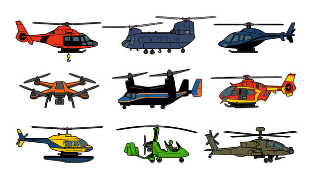 Helicopter and aircraft vector icon set rescue military transport tiltrotor quadcopter gyrocopter illustration