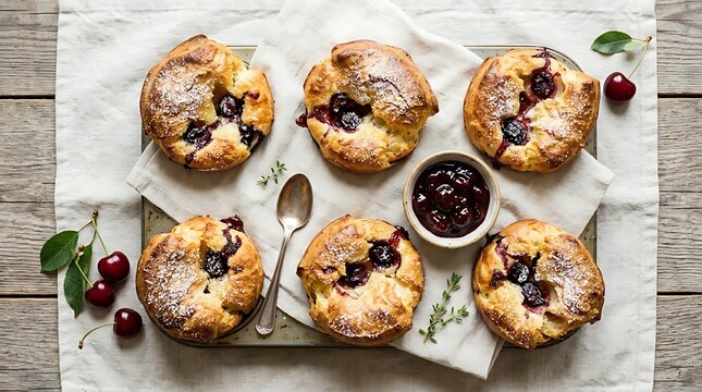 Freshly baked blueberry cherry popovers served on rustic wooden board with jam and spoon