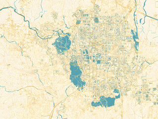 Fototapeta premium A map of San Miguel de Allende, Mexico — light cream for the city's main area with mustard-gold lines, and vivid blues for lakes, rivers, and waterways