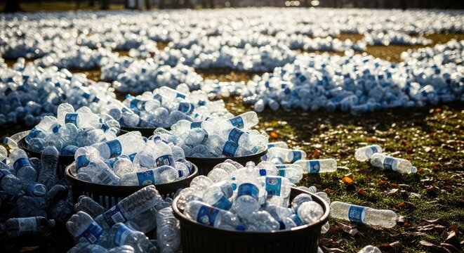 Plastic water bottles litter a grassy field, overflowing from trash bins