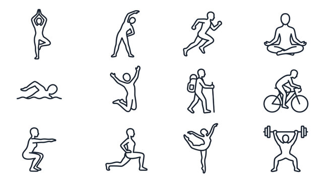 Collection of fitness and sport icons yoga running swimming cycling weightlifting dancing hiking jumping stretching squatting lunging meditation