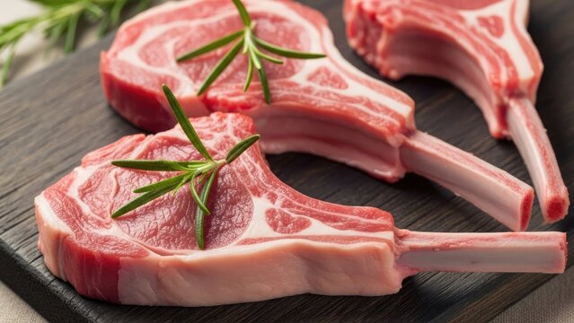 Raw lamb chops on a dark wooden board, garnished with fresh rosemary sprigs