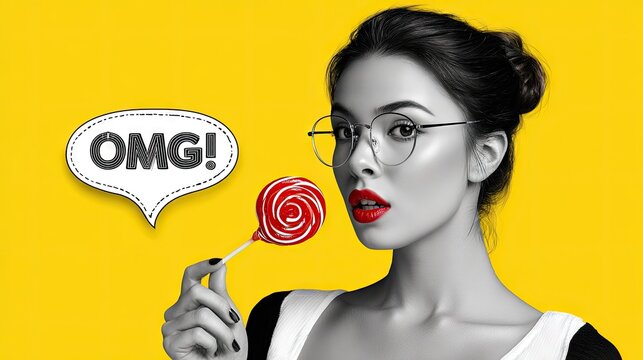 Woman holding lollipop in yellow background