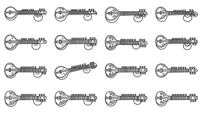 Collection of Indian Veena String Musical Instruments Isolated Outline Graphics