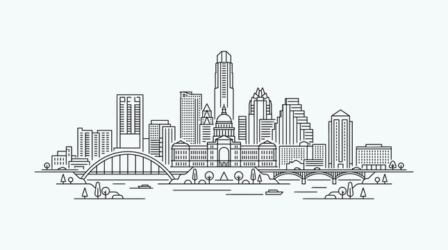 Minimalist Line Art Illustration of Austin Texas City Skyline featuring the State Capitol Building, Pennybacker Bridge, Lady Bird Lake, and Downtown Skyscrapers on White Background