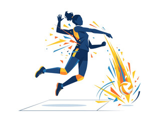 Fototapeta premium Dynamic illustration of a female volleyball player performing a powerful spike on the court.