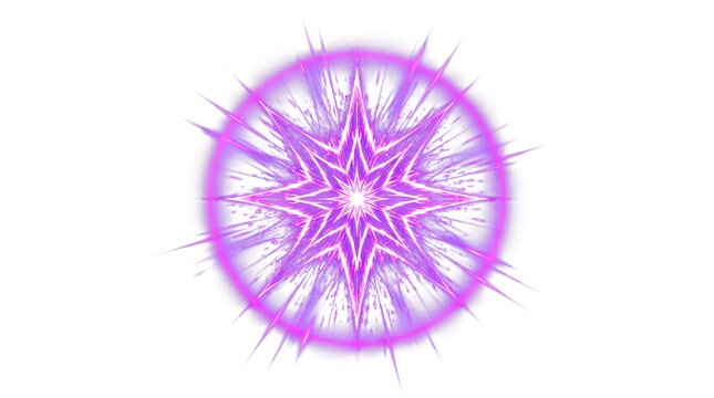 Glowing purple magic circle symbol with energy rays and light particles for fantasy designs