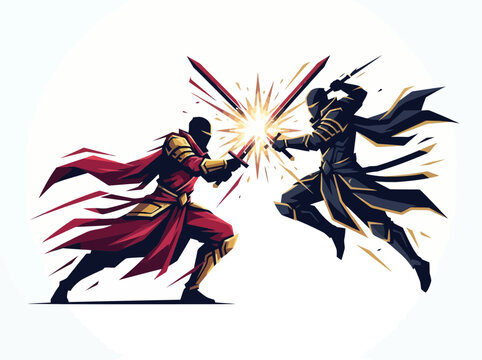 Two armored warriors clashing swords in a dynamic fantasy battle.