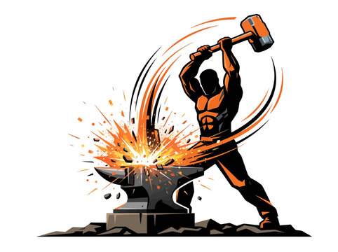 Muscular blacksmith striking glowing metal on an anvil with a heavy hammer.