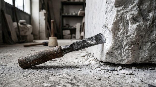 Sculptors tools carving large stone block