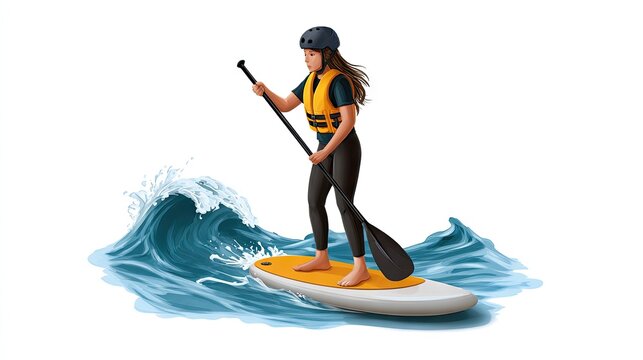 Woman paddleboarding through ocean wave