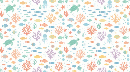 Fototapeta premium Cute Underwater Ocean Life Seamless Pattern - Fish, Turtles, Jellyfish, Coral