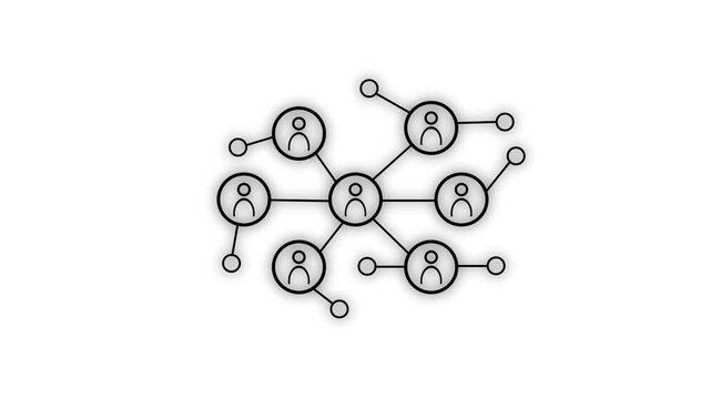 lack animated social network icon displaying a network of connected people with peripheral circle nodes for illustrating teamwork, global connectivity, human relationships, digital communication,