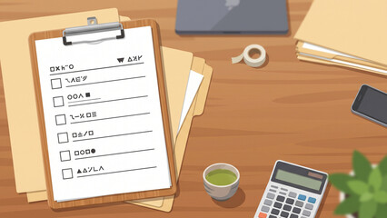 Obraz premium Top down vector illustration of a clipboard checklist on a wooden office desk with supplies