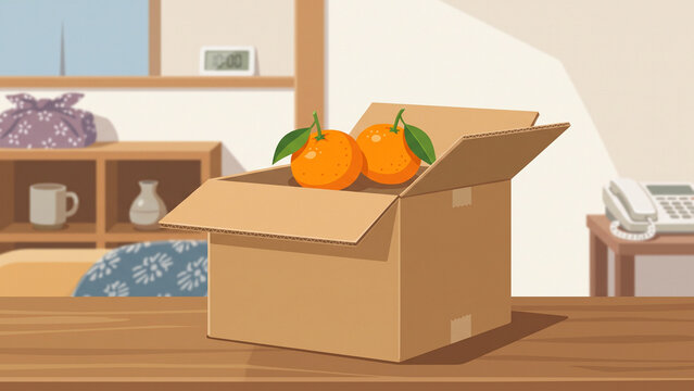 Vector illustration of fresh mandarin oranges in an open cardboard box on a wooden table in a cozy room