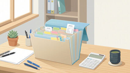 Naklejka premium Vector Illustration of an Expanding File Organizer with Office Supplies on a Wooden Desk