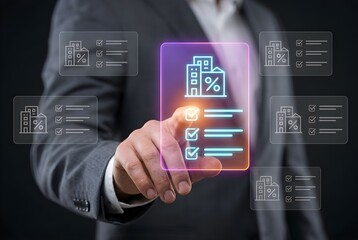 Fototapeta premium Businessman selecting real estate mortgage investment plan or property tax calculation on digital holographic screen interface concept