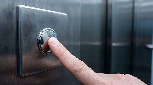 Finger pressing a silver elevator button to call for a ride in office