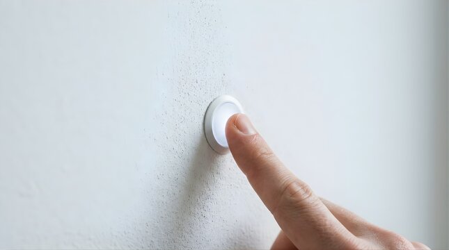 Finger pushing a round glowing button on a white wall interior