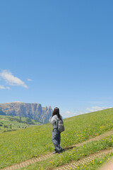 Naklejka premium Woman gazing at mountains in meadow