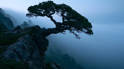 Fototapeta premium Lone wind-sculpted juniper on misty mountain cliff at dusk