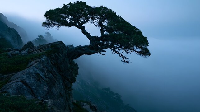 Lone wind-sculpted juniper on misty mountain cliff at dusk