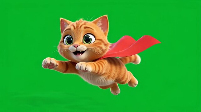 Cute ginger kitten flying in a superhero cape on green screen
