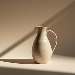Fototapeta premium Hand-Thrown Stoneware Jug with Raking Shadow on Ivory Background