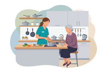 Fototapeta premium Professional Caregiver Cooking Healthy Meal for Senior Woman in Kitchen