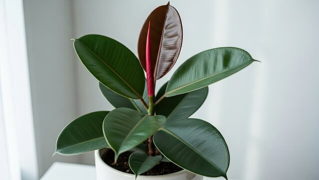 Rubber plant in white pot with dark green leaves and a new reddish shoot