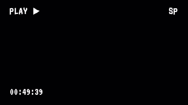 Retro VHS glitch play button with analog noise on black background. 4k video