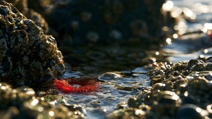 Fototapeta premium Sea Anemone in Rock Channel Tide Pool with Golden Bokeh