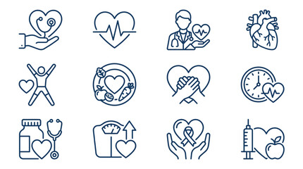 Fototapeta premium Healthcare and Cardiology Icons Set Heart Health Medical Care Healthy Lifestyle Doctor ECG Nutrition Fitness Weight Aid