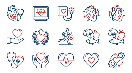 Fototapeta premium Healthy Heart Icons Cardiology EKG Blood Pressure Exercise Nutrition Medical Symbols on Transparent Background