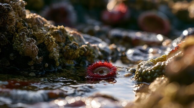Open Sea Anemone in Shallow Tidal Pool Surrounded by Barnacles
