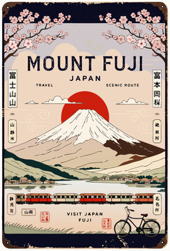 Vintage travel tin sign attractor decor Mount Fuji in Japan, cherry blossoms, scenic train route and bicycle, iconic landscape cultural, old enamel souvenir plaques retro Japanese travel advertising